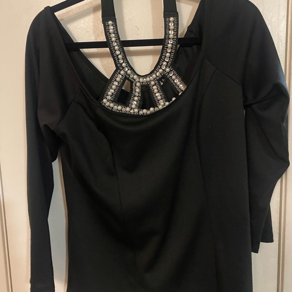 Libian Elegant Black Top with Pearl Accents